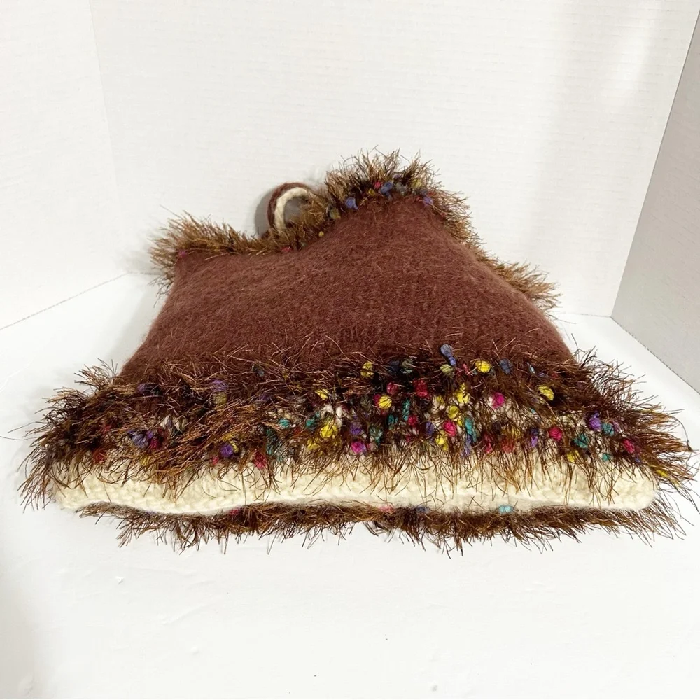 Unbranded Handcrafted Multi Yarn Types Knit Tote Fuzzy Trim Around Top Boil Wool